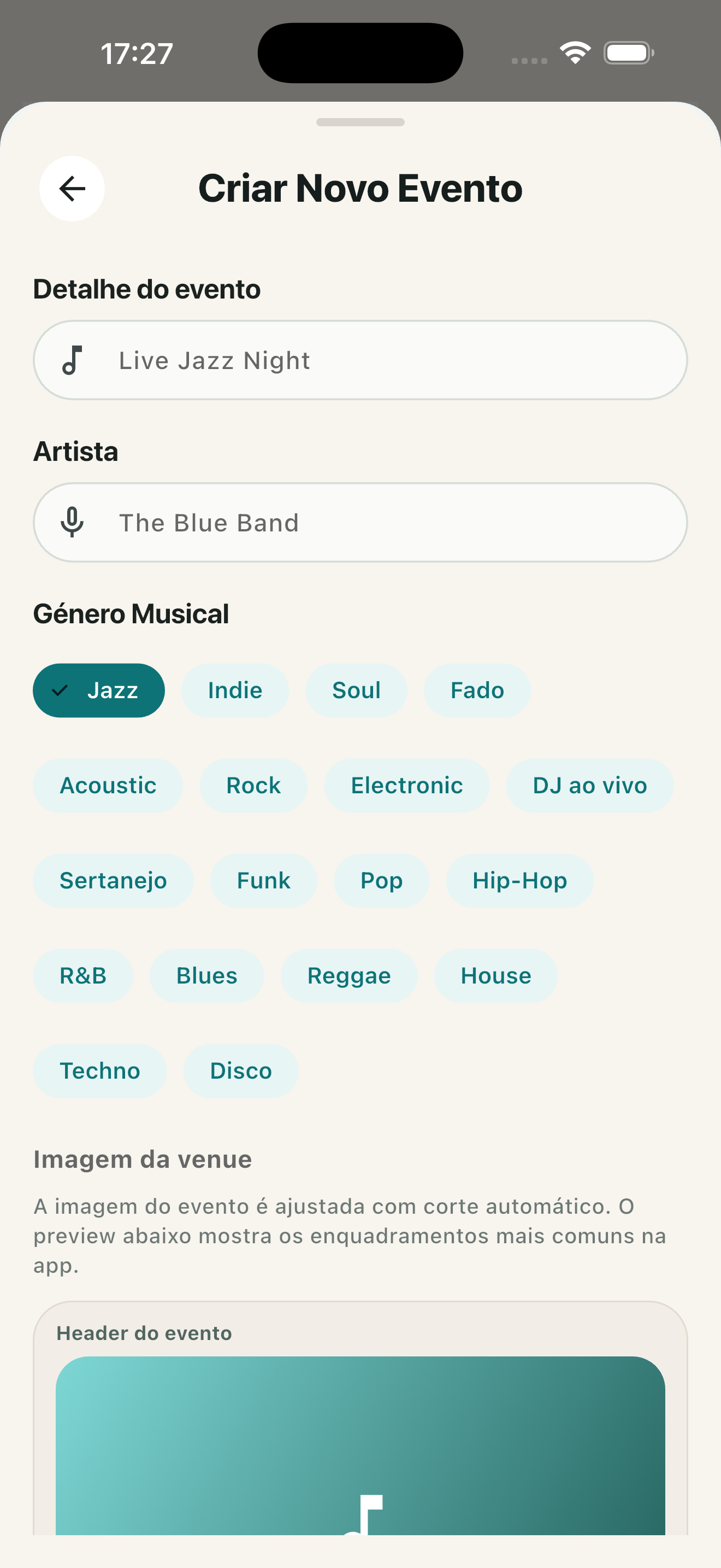 Screenshot da app LiveSpot com criação de novo evento