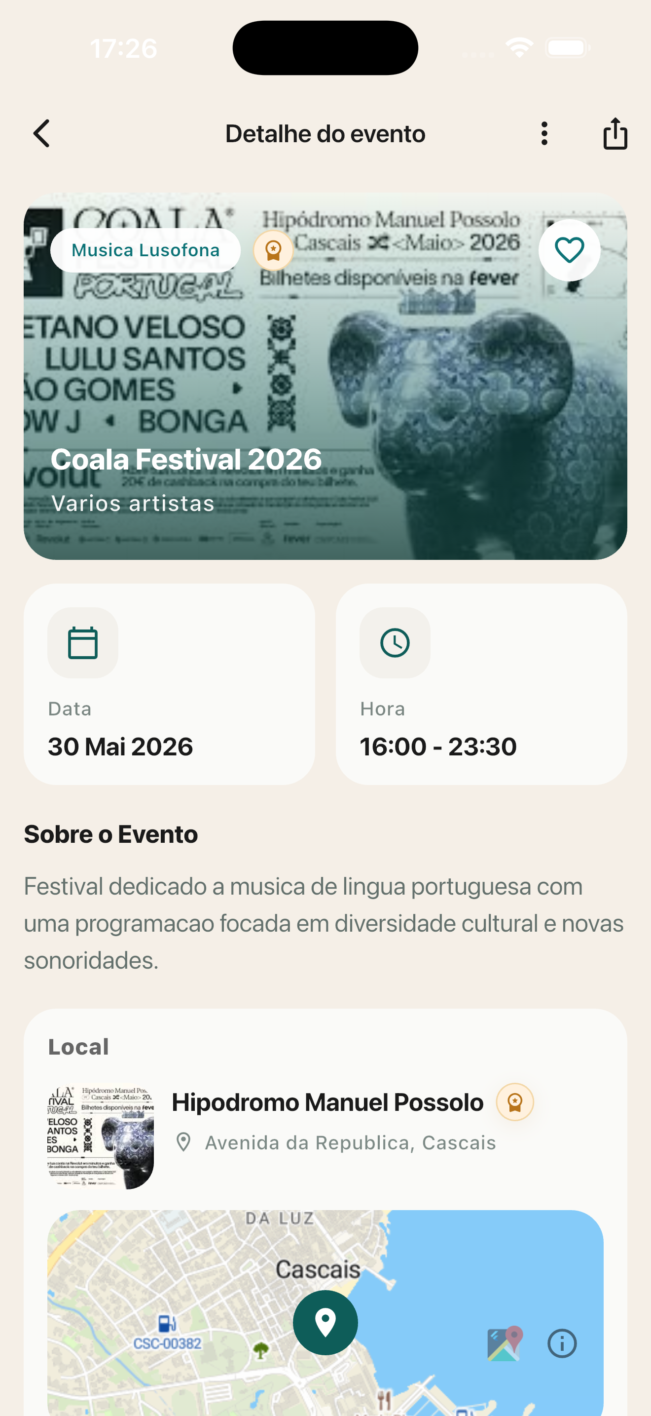 Screenshot da app LiveSpot com detalhe de evento