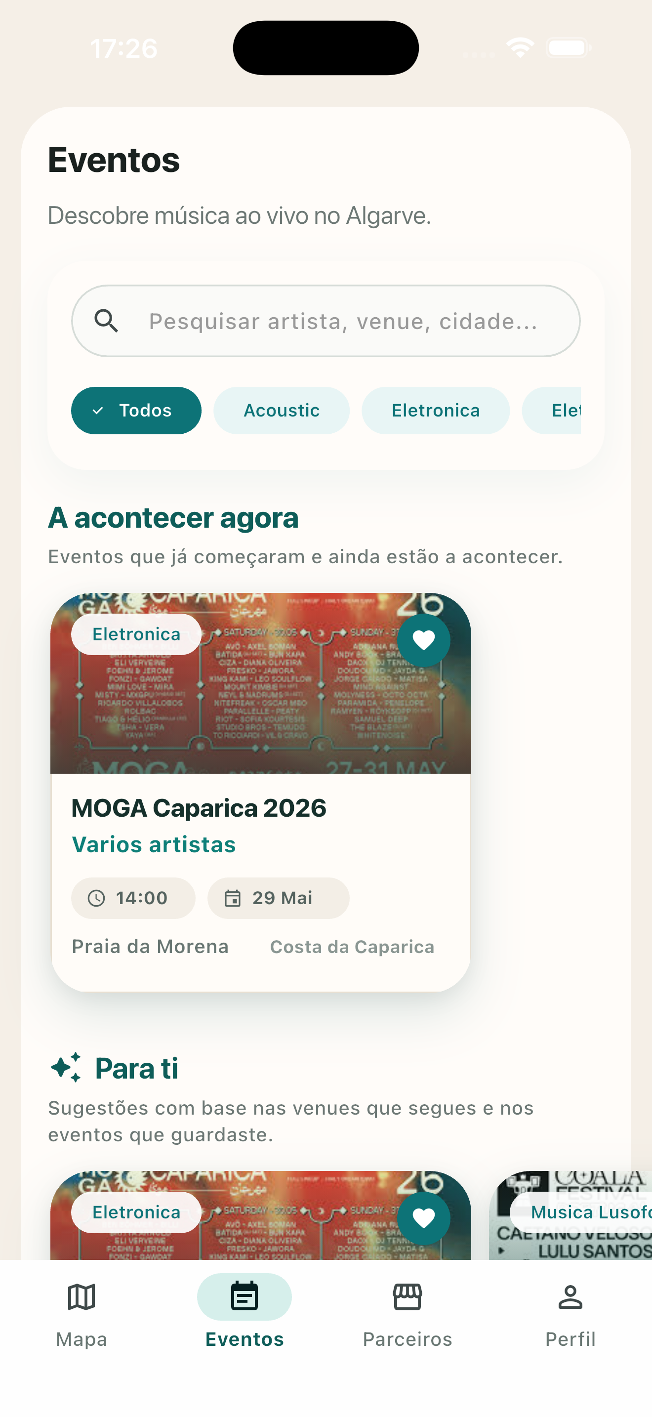 Screenshot da app LiveSpot com lista de eventos a acontecer agora