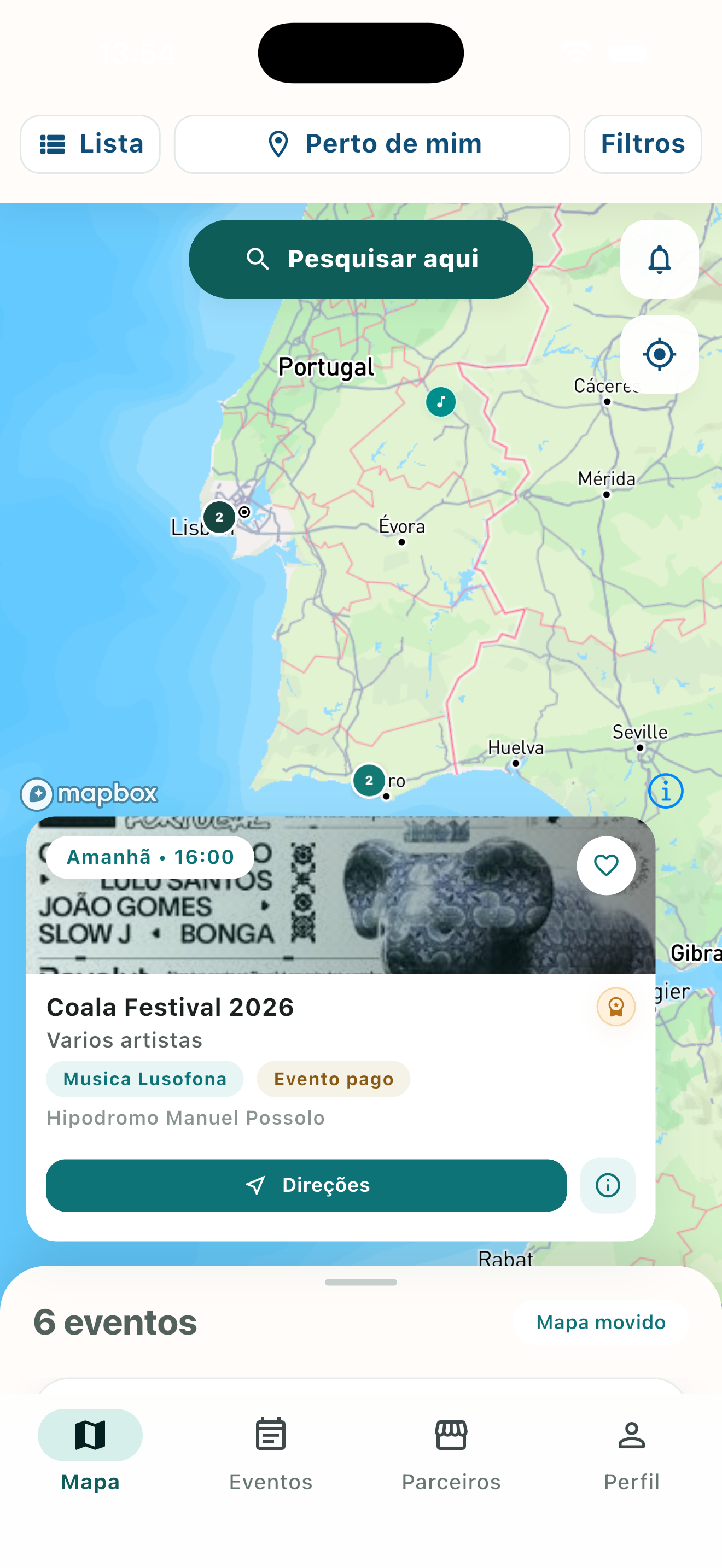 Screenshot da app LiveSpot no mapa com um evento em destaque