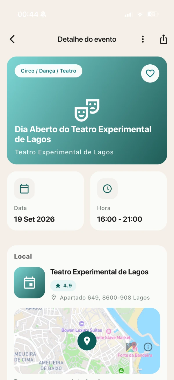 Detalhe de evento no LiveSpot com ilustração de performance, interesse, data, hora e localização