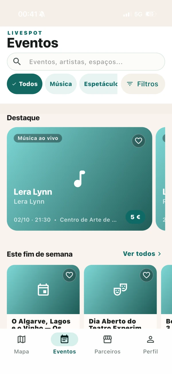 Eventos no LiveSpot com destaques, planos para o fim de semana e ilustrações de categoria
