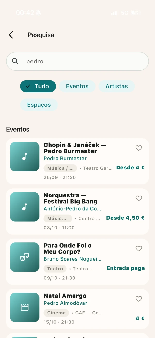 Pesquisa de eventos, artistas e espaços no LiveSpot, com resultados e preços